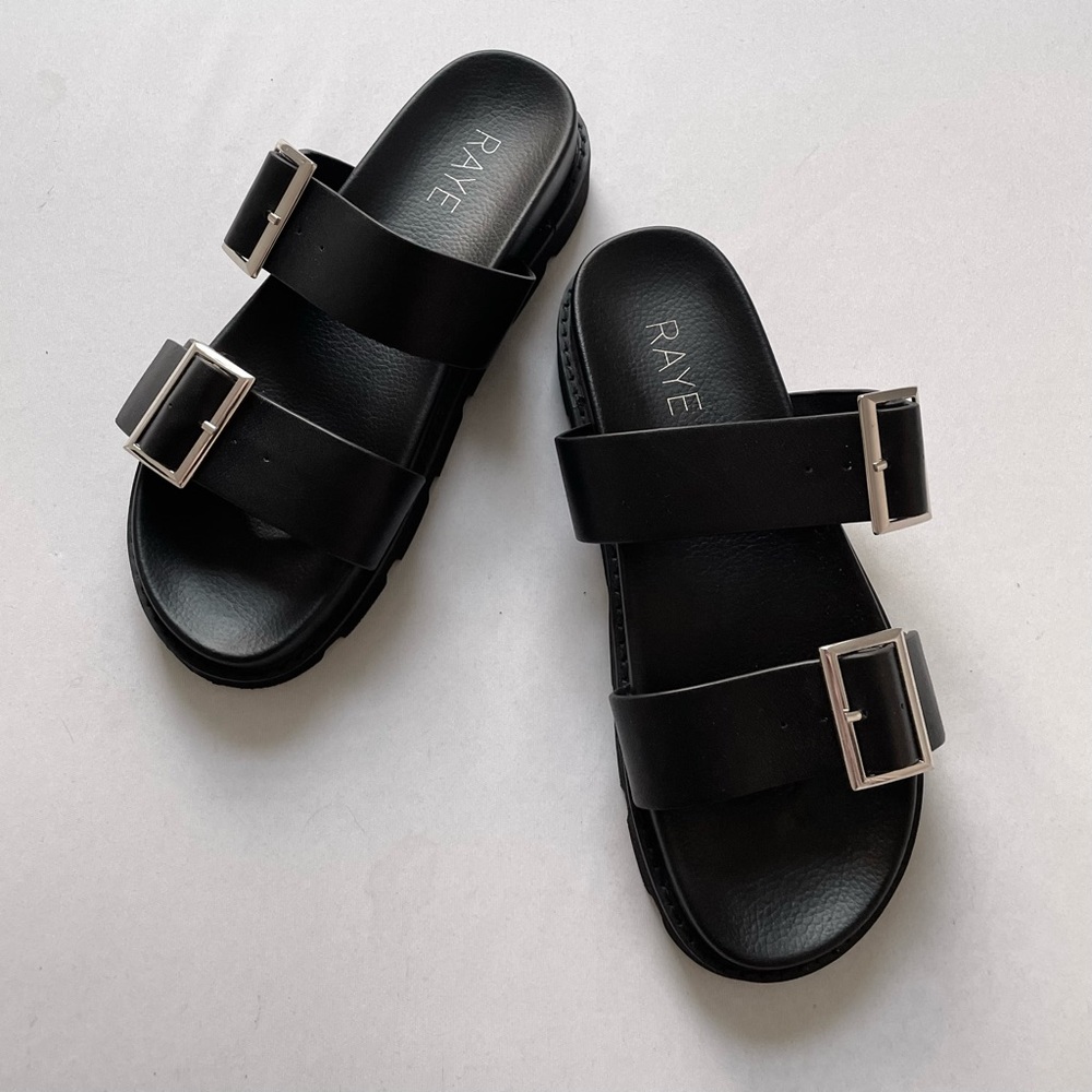 RAYE Black Sandals Slides Leather with Gold Buckles